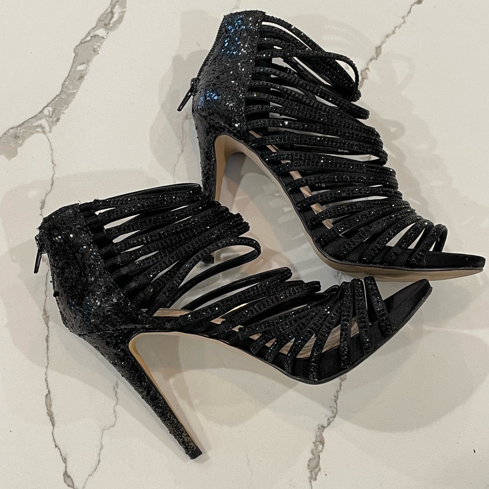 Like new strappy black rhinestone and glitter heels by INC